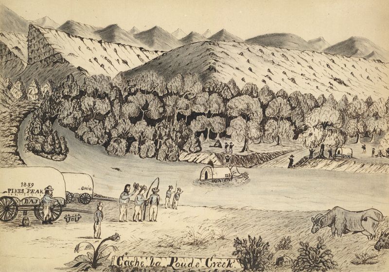 Cache la Poudre Creek de Daniel A. Jenks, óleo sobre lienzo que representa un paisaje sereno con un arroyo y cielo azul.
