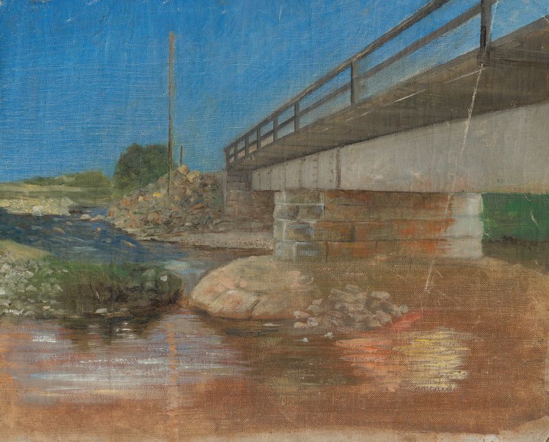 Bosquejo de un paisaje con un puente sobre un río de Aurel Ballo