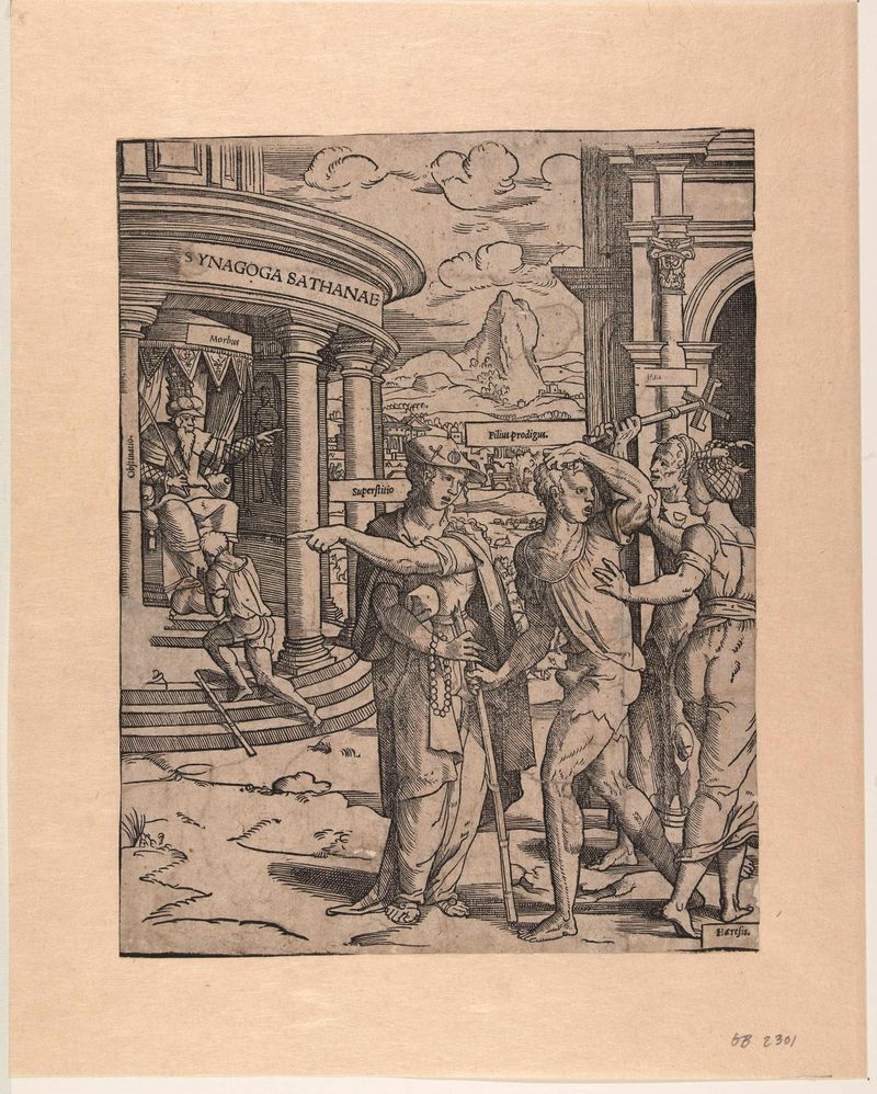 Desenho figurativo em papel de Cornelis Anthonisz retratando um pai e um filho em um momento de reconciliação.