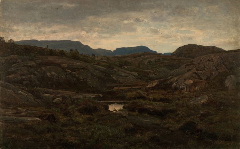 Paisagem de colinas e fiorde em pintura a óleo de Amaldus Nielsen