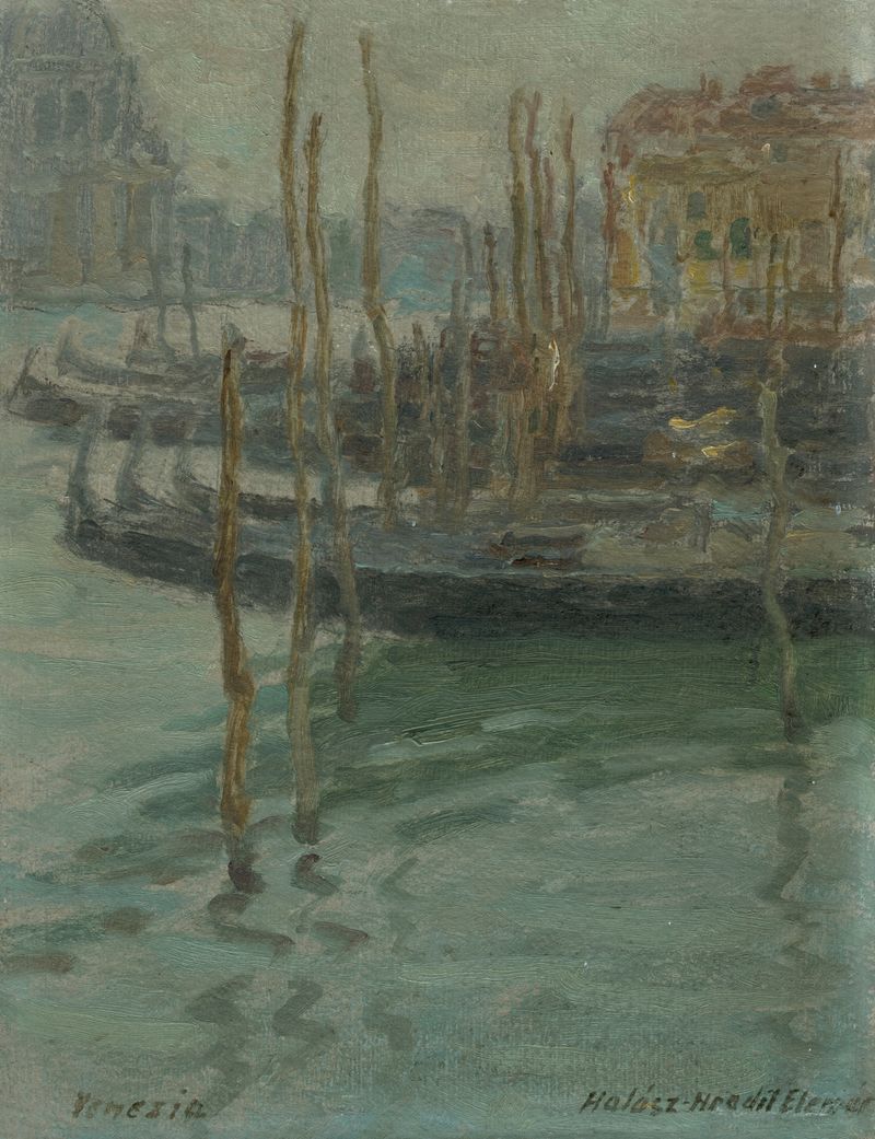 Benátky-gondoly de Elemír Halász-Hradil, óleo sobre lienzo que representa góndolas en canales venecianos