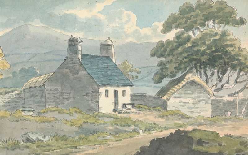 Two stone cottages in a landscape, oil painting by Thomas Bradshaw