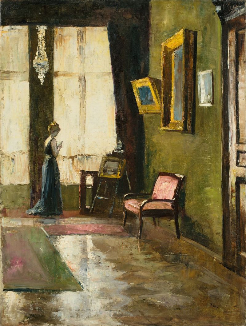 Escena interior con una mujer junto a una ventana, pintura al óleo de Lesser Ury