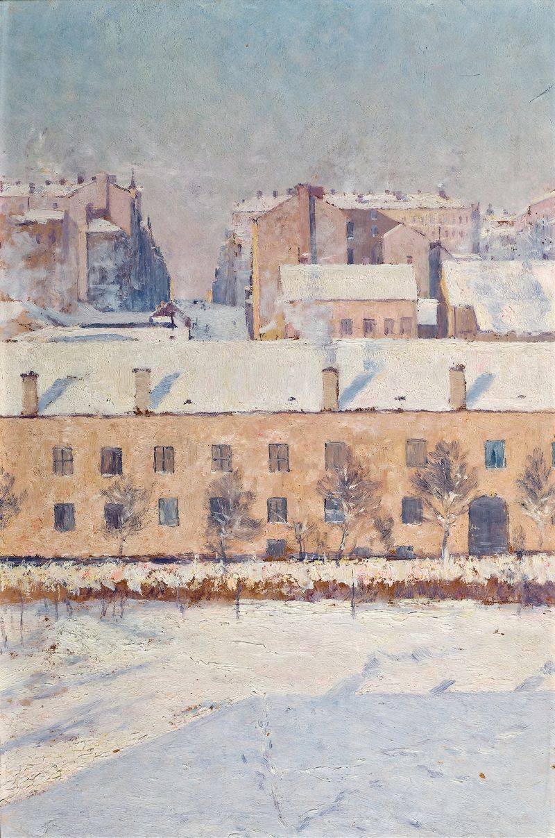 A Winter Scene by Axel Lindman, oil on canvas showing a snowy landscape with bare trees.