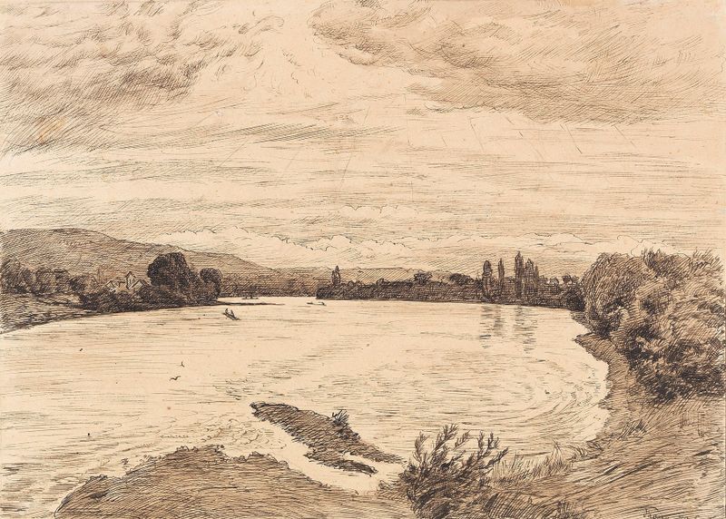 Am Wehr, óleo sobre tela de Hans Thoma retratando uma paisagem tranquila com uma cachoeira.