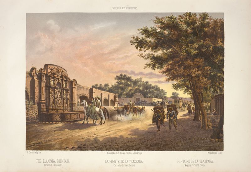 The Tlaxpana fountain, Avenue of San Cosme, by C. Castro, realism, showcasing intricate carvings and sunlight reflections.