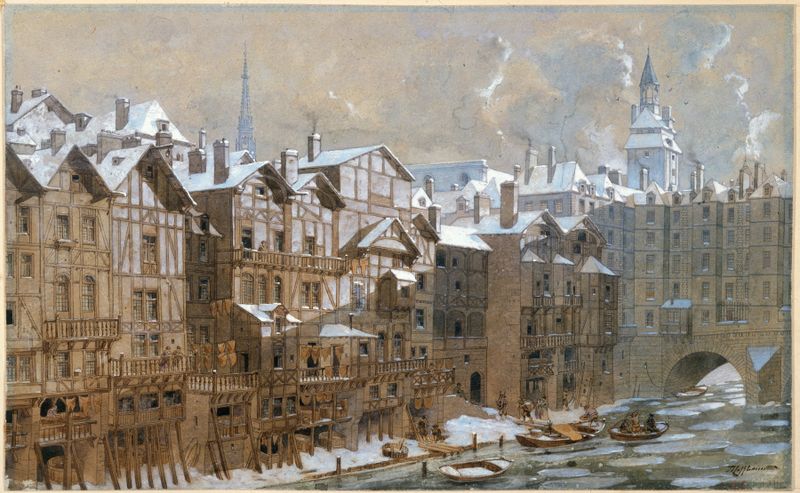 La Cité et le pont aux Change en hiver de Fédor Hoffbauer, pintura a óleo, paisagem de inverno