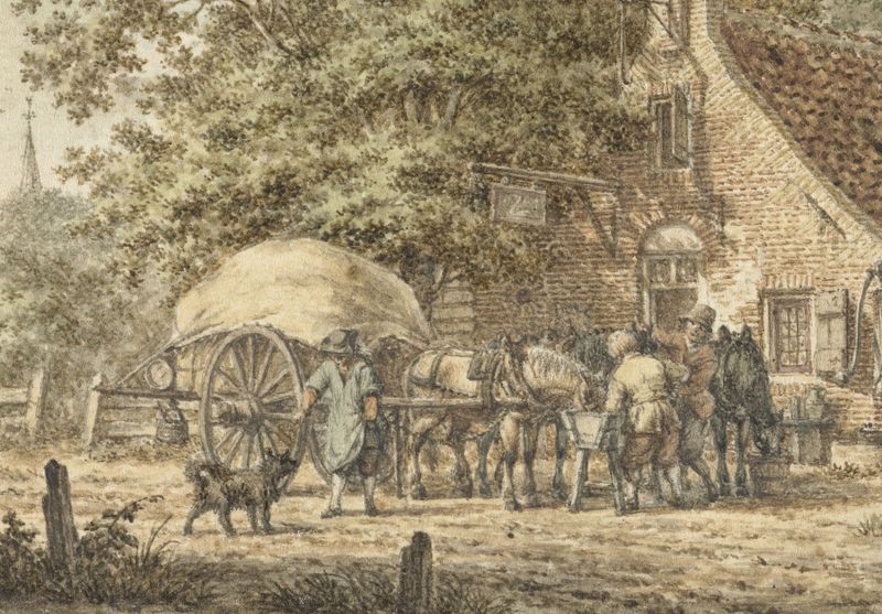 Genre scene depicting figures at an inn in a summer landscape by Jacob Cats