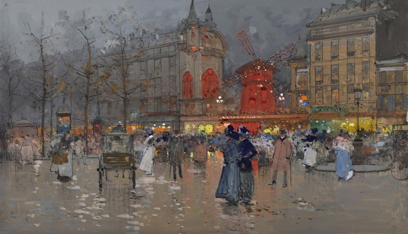 Escena de género con bailarines en Le Moulin Rouge, París de Eugène Galien-Laloue, pintura al óleo