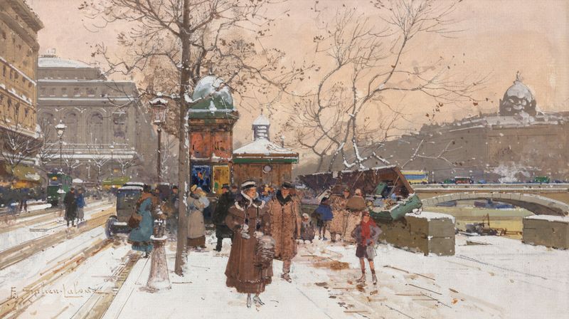 Winter landscape with snow-covered cobblestones by Eugène Galien-Laloue