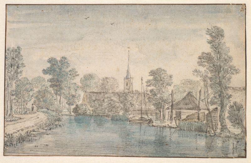 Village on a River de Jan Jansz. den Uyl, pintura a óleo que retrata uma paisagem serena