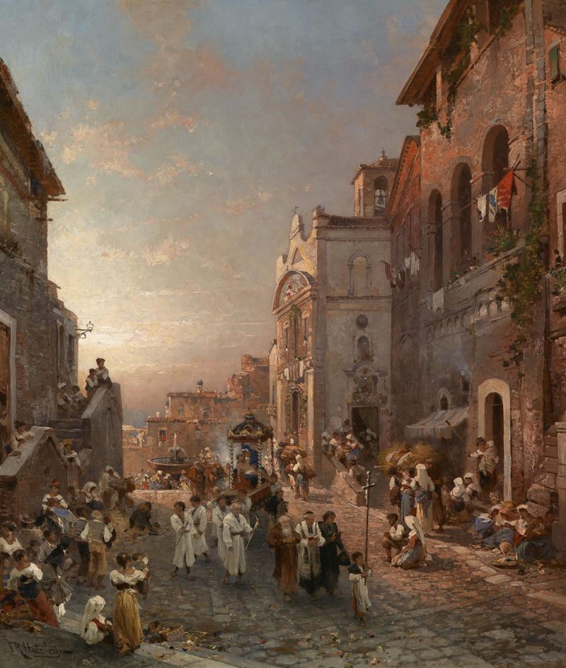 Escena de género de una procesión en Nápoles, óleo sobre lienzo de Franz Richard Unterberger