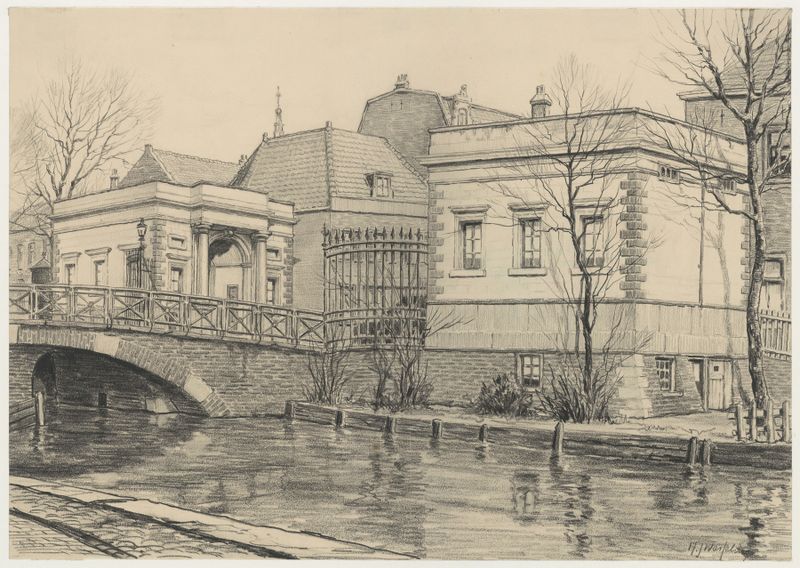 Kommiezenhuisjes, zuidoostzijde, en gedeelte der Grote Houtbrug, oil on canvas by Hendrik Jan Wesseling