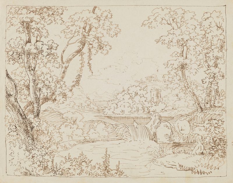 Paisaje con árboles junto al río, óleo de Arthur Blaschnik