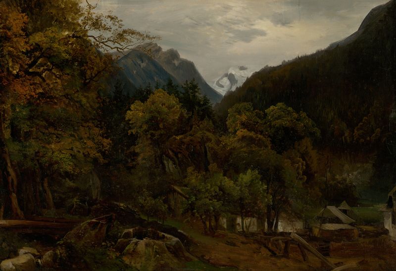 Mountain landscape with wooden huts, oil painting by Alexander Brodszky