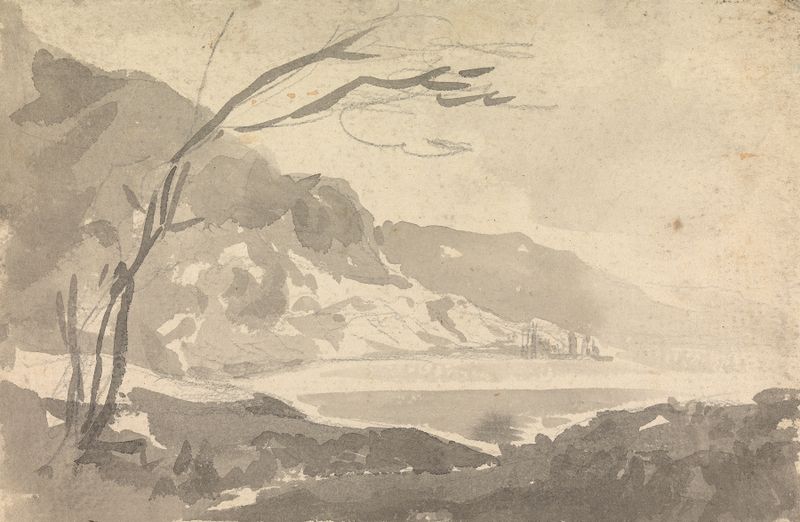 Landscape de William Gilpin, pintura a óleo com colinas e um céu suave.