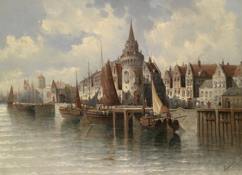Marine scene depicting a harbor city at dawn by August Von Siegen