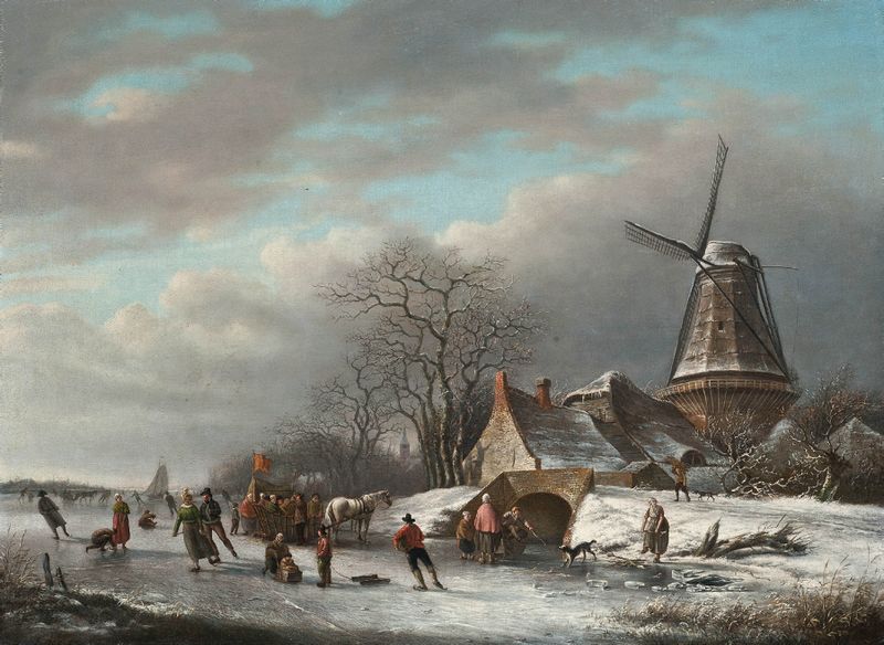 Skaters on a Dutch waterway by Andreas Schelfhout, oil on canvas