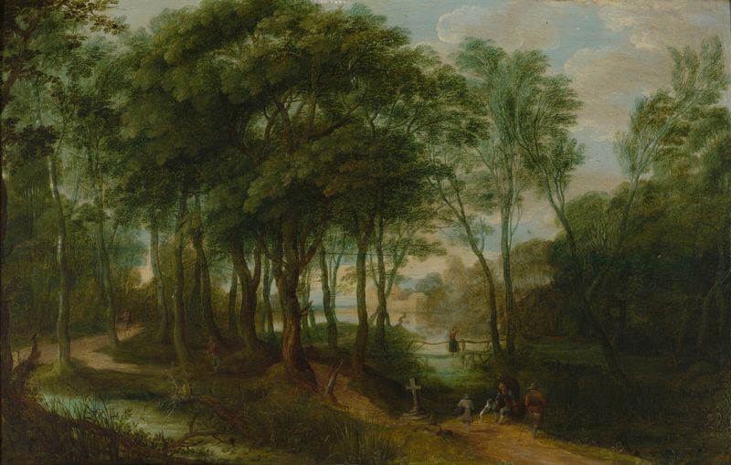 Figures on a wooded path with a building behind, by Adriaen van Stalbemt, oil painting