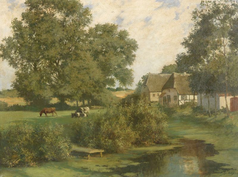 Norddeutsche Landschaft mit Kühen und reetgedeckten Häusern, oil on canvas by Hermann Seeger