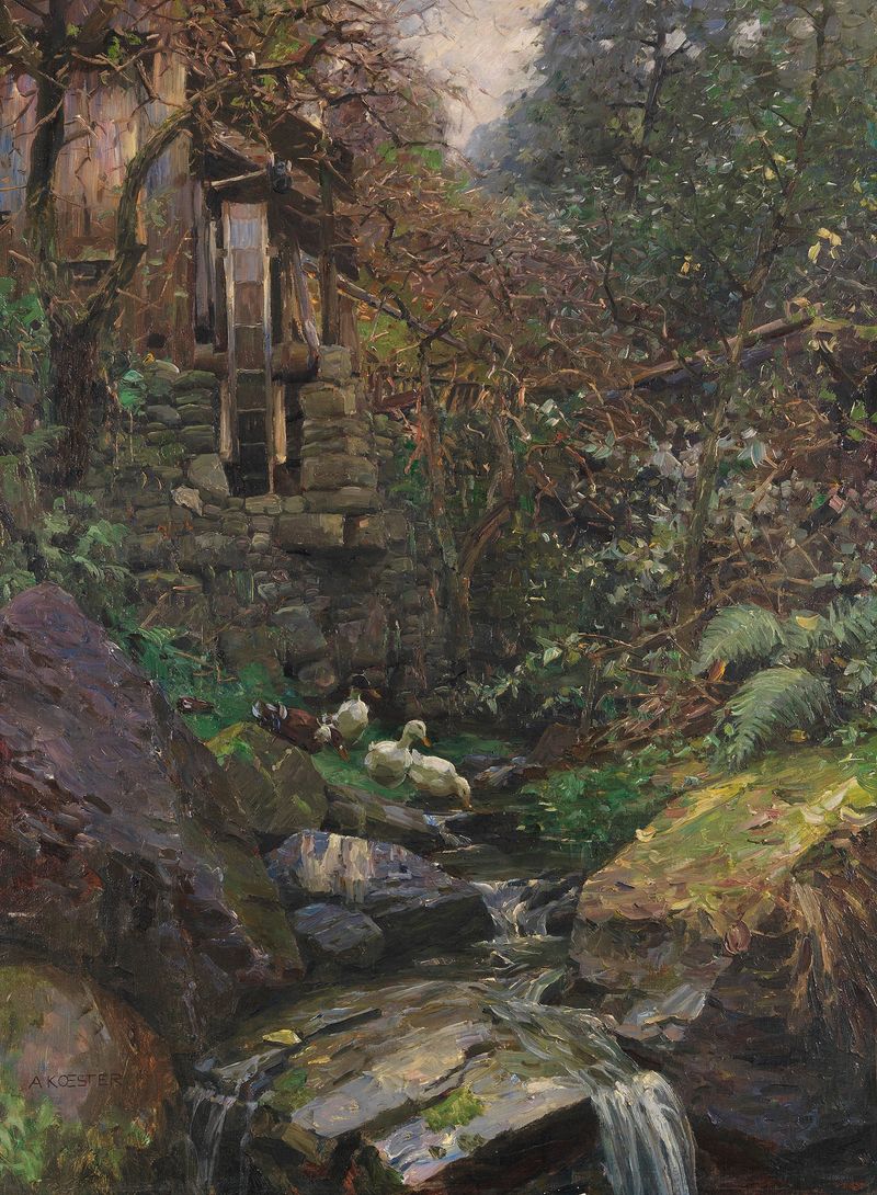 Landscape with a tranquil stream and greenery by Alexander Koester, oil painting
