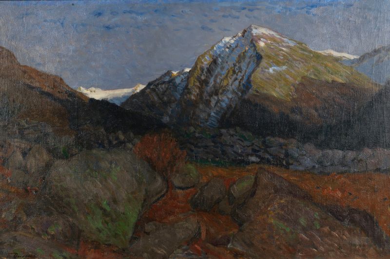 Oil painting by Fritz Overbeck depicting mountains at dawn with golden light