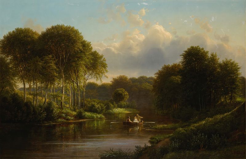 Boating on the Susquehanna by Ferdinand Richardt, oil on canvas depicting a serene river scene.