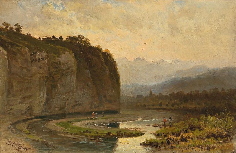 Landscape oil painting by Pieter Franciscus Peters depicting mountains and a solitary figure.