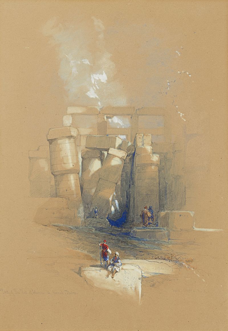 Óleo sobre tela de David Roberts retratando colunas antigas em Karnak, Egito