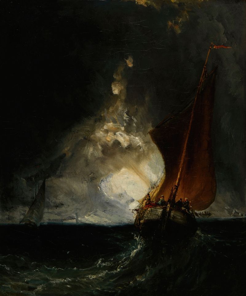Gros temps. Marine, pintura al óleo de Unknown Artist que muestra un océano tormentoso con olas que chocan.
