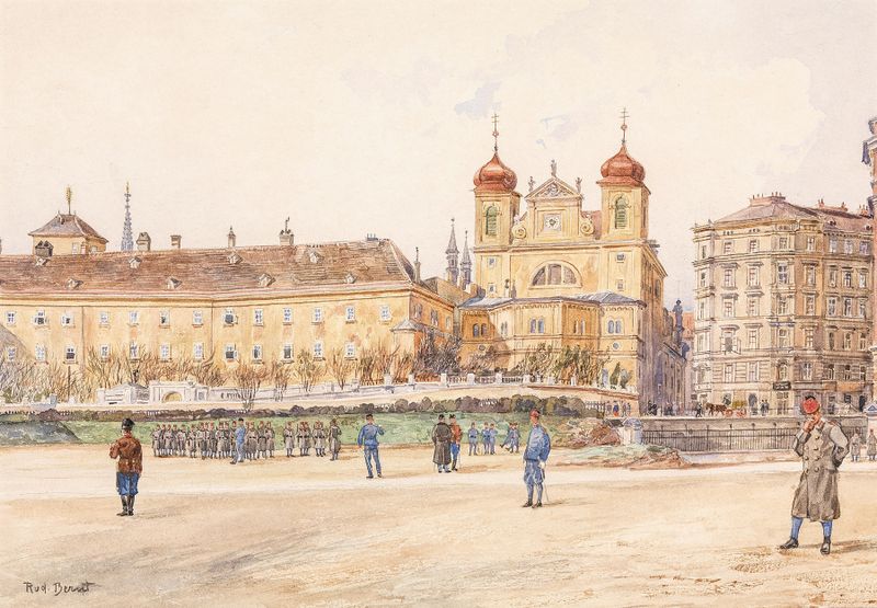 Architectural scene of Dominikanerbastei Wien, oil on canvas by Rudolf Bernt