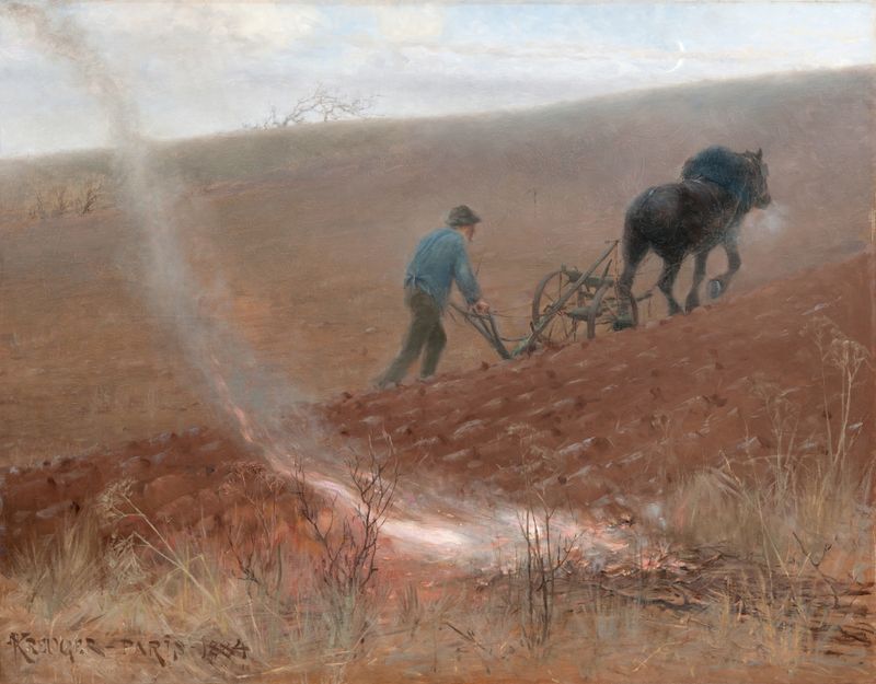 Spring Ploughing de Nils Kreuger, óleo sobre lienzo que representa a un agricultor arando campos.