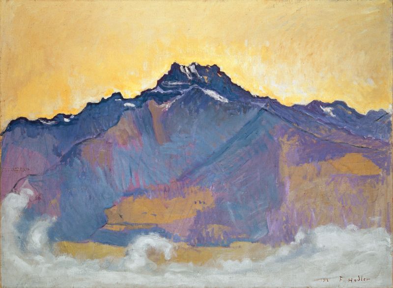 Landscape with mountains in vibrant colors, oil painting by Ferdinand Hodler, 1912