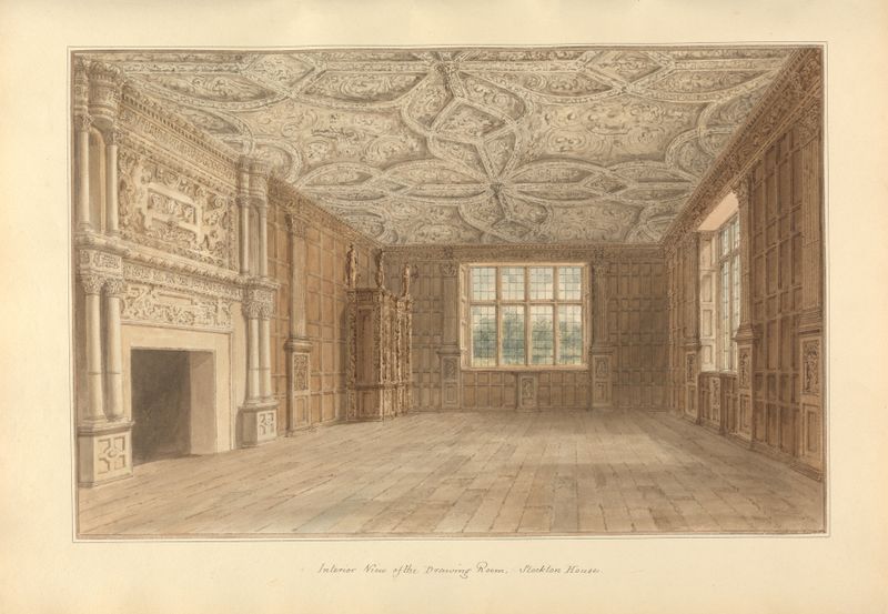 Vista interior de uma sala com móveis elegantes, aquarela de John Buckler