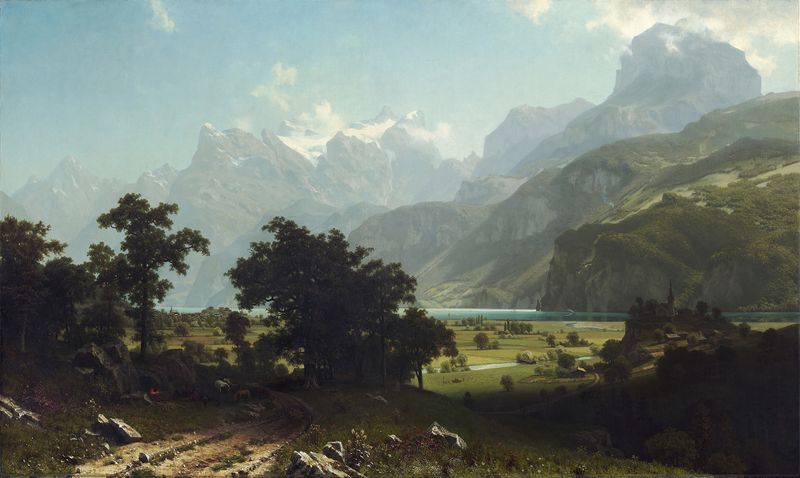 Lago Lucerna pintura a óleo de Albert Bierstadt com águas tranquilas e montanhas