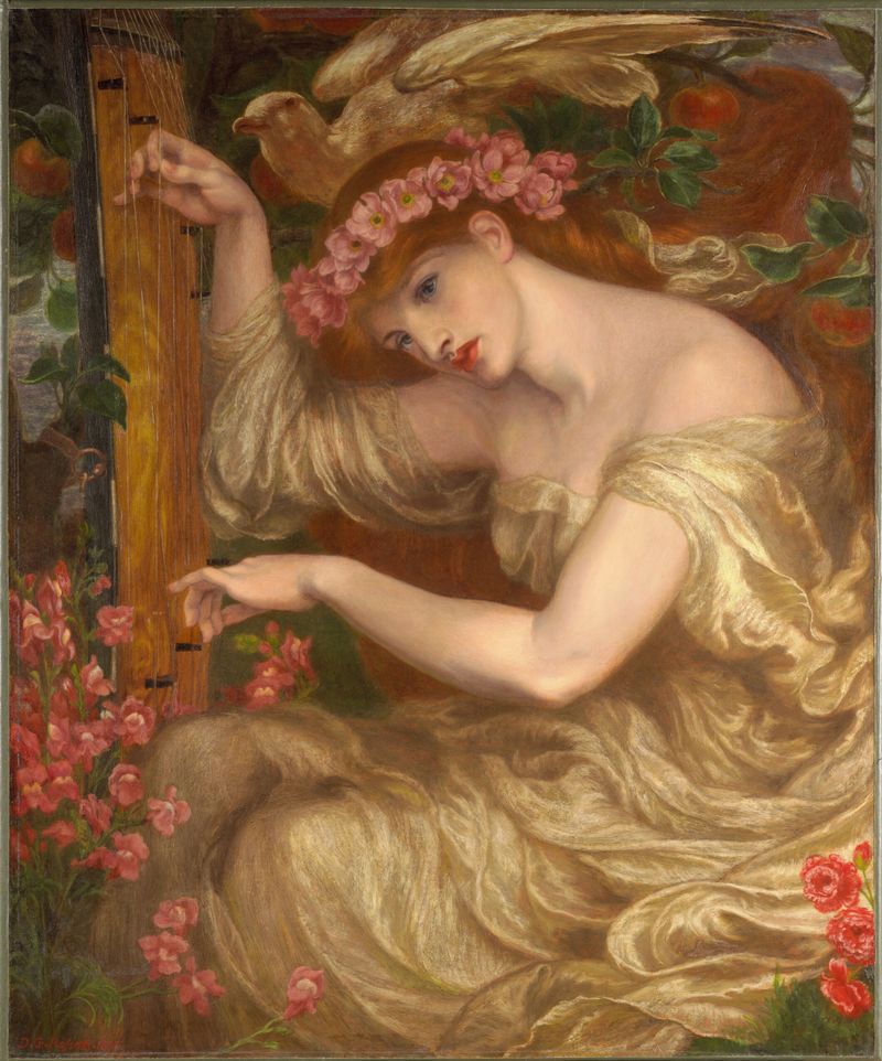 A Sea-Spell by Dante Gabriel Rossetti, oil on canvas, depicting a woman with flowing hair by the sea.