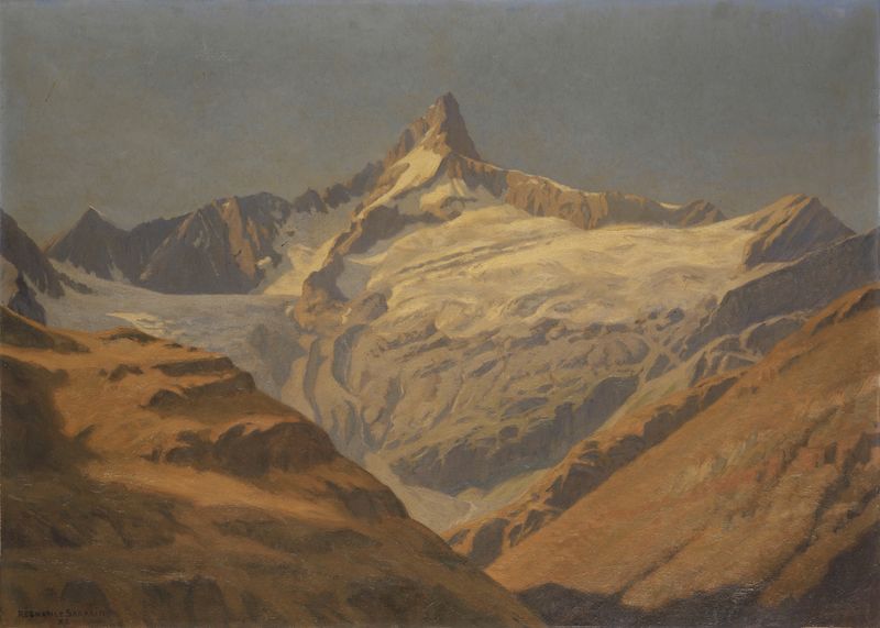 Landscape oil painting by Régnault Sarasin depicting dawn over mountains.