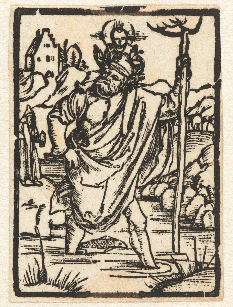 Gravura de Albrecht Dürer representando São Cristóvão segurando o menino Cristo em papel