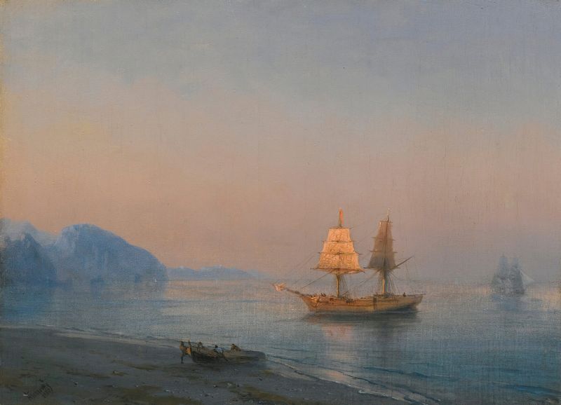 Morning In Yalta, óleo sobre lienzo de Ivan Konstantinovich Aivazovsky, que representa el amanecer sobre el mar tranquilo.
