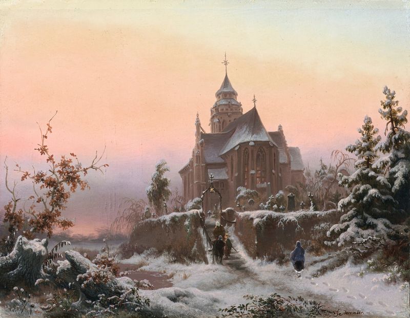 Winter landscape with a solitary figure, oil on canvas by Frederik Marinus Kruseman