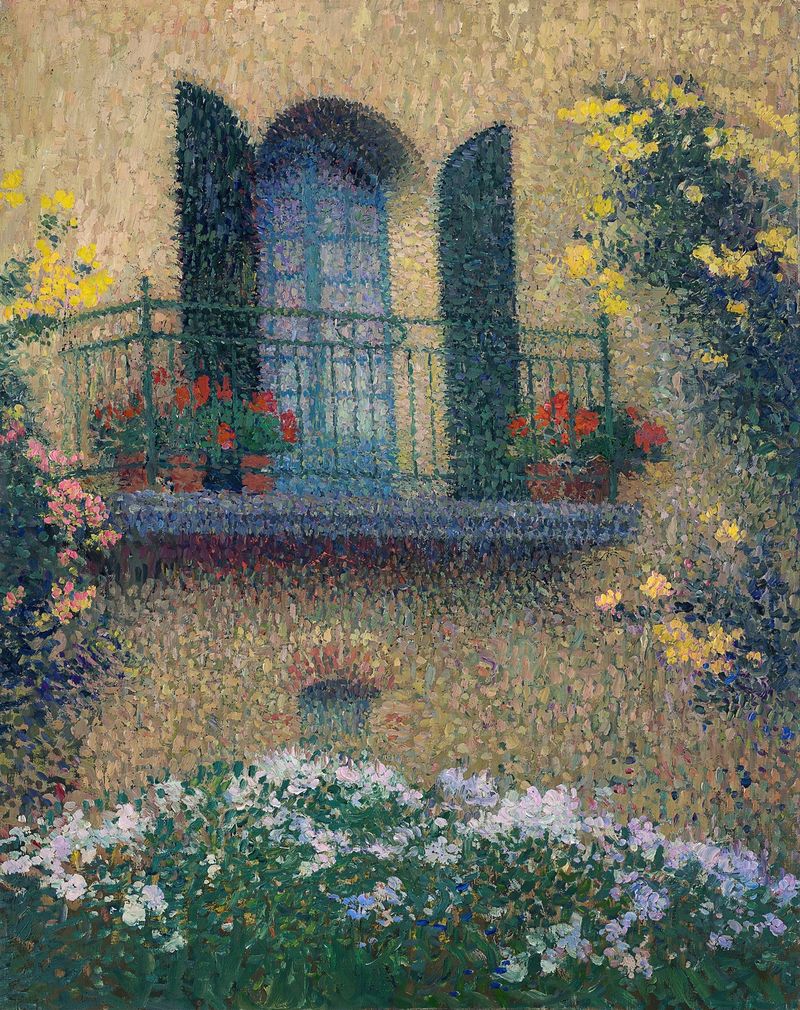 Pintura figurativa a óleo de Henri Martin com uma figura em uma varanda iluminada pela luz.
