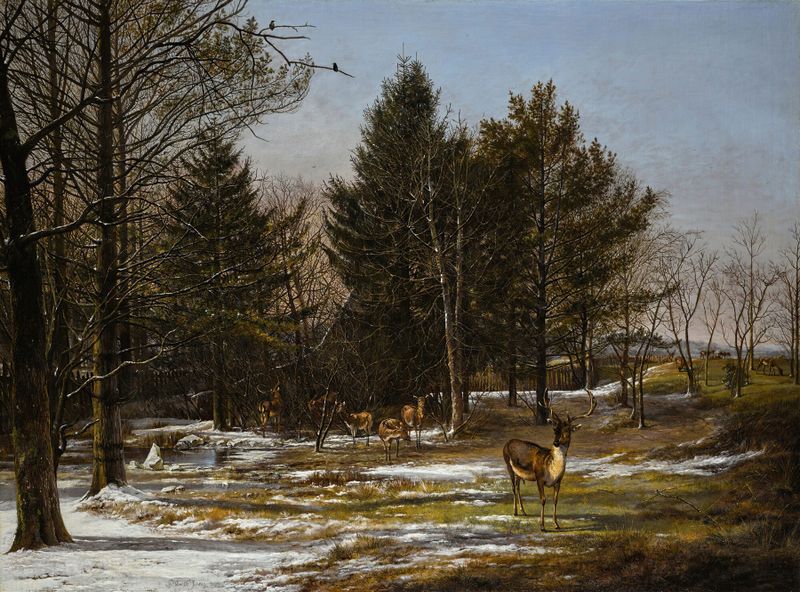 A Wooded Winter Landscape With Deer by Pieter Gerardus van Os, oil painting featuring deer and snow.