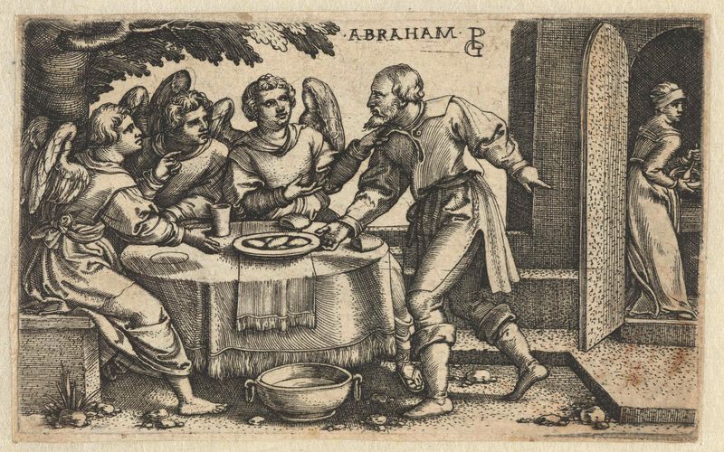 Gravura de Georg Pencz mostrando Abraão conversando com três anjos