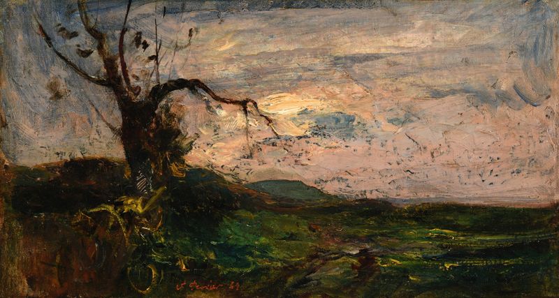 Paisaje con un árbol antiguo bajo un cielo luminoso, óleo de François-Auguste Ravier