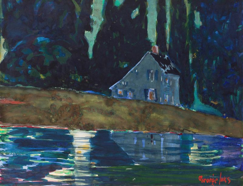 Saltbox by George Luks, oil on canvas depicting a house in a green landscape