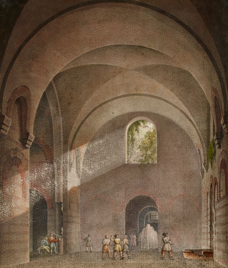 Interior scene with columns and light, oil on canvas by Jean Baptiste Maréchal