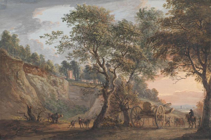 Paisagem com um rio e colinas, pintura a óleo de Paul Sandby