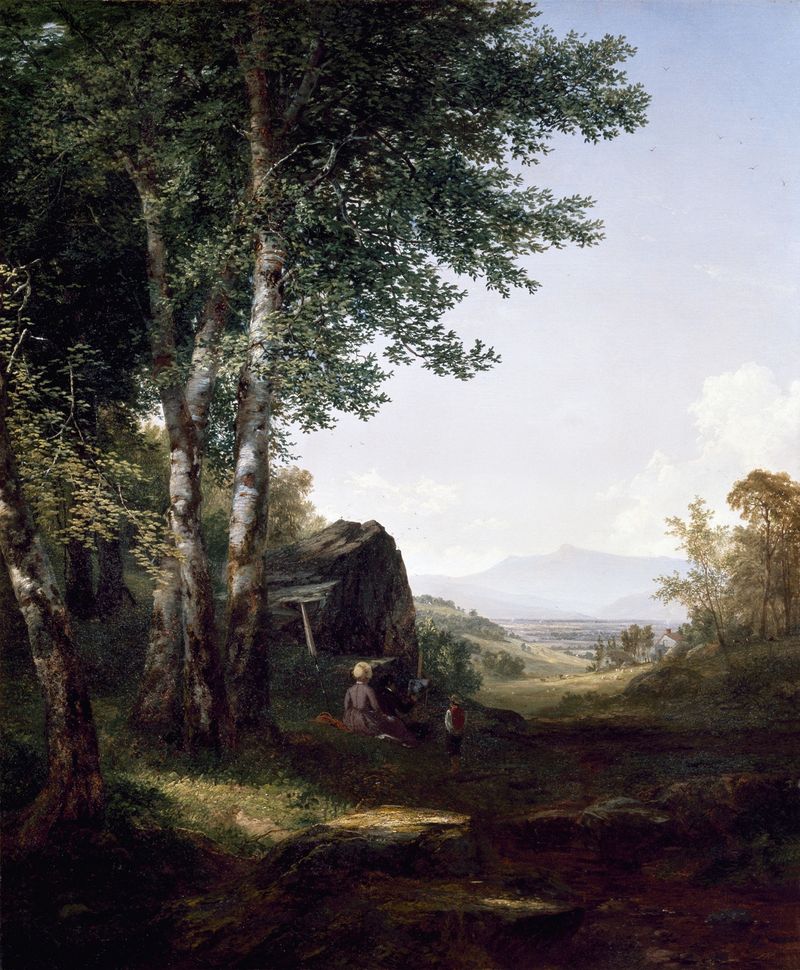 Distant View of the Mansfield Mountain de John Frederick Kensett, pintura al óleo que muestra un paisaje exuberante.