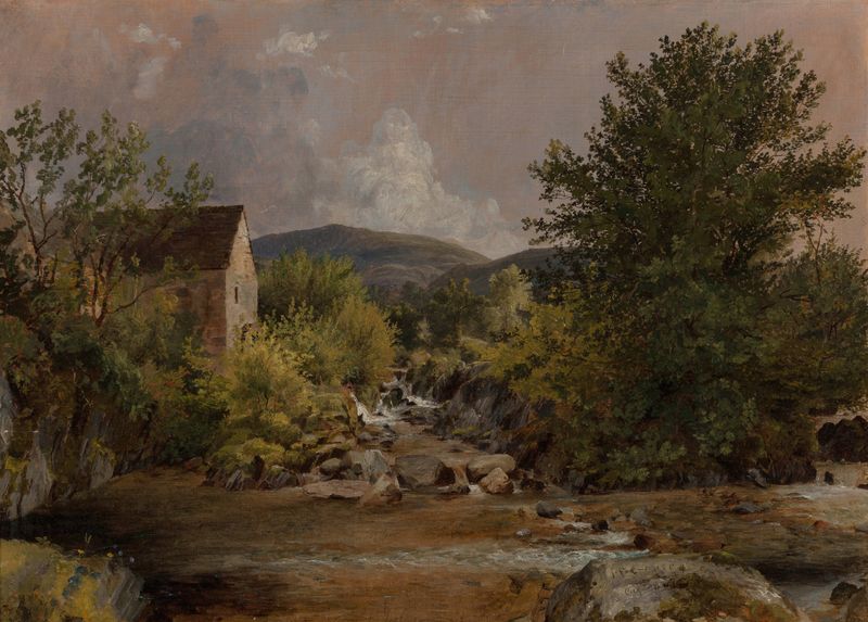 The Old Mill de Jasper Francis Cropsey, pintura a óleo de um moinho envelhecido ao pôr do sol.