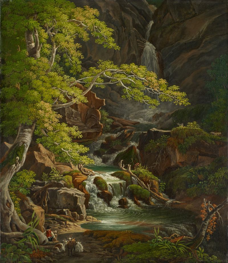 Waterfall in the Münster Valley de Peter Birmann, que representa una cascada y piedras rugosas en un medio desconocido.